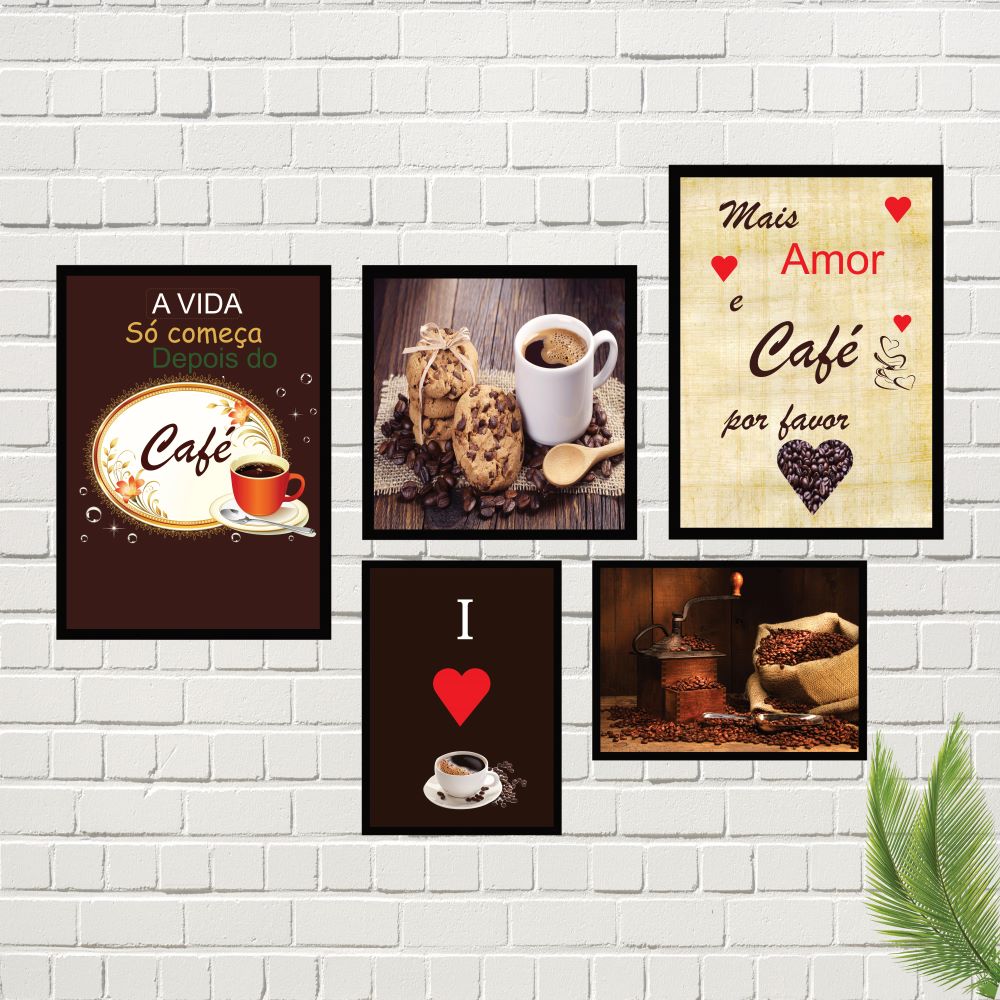 Kit 5 peças café, tamanhos variados com moldura preta, sem vidro