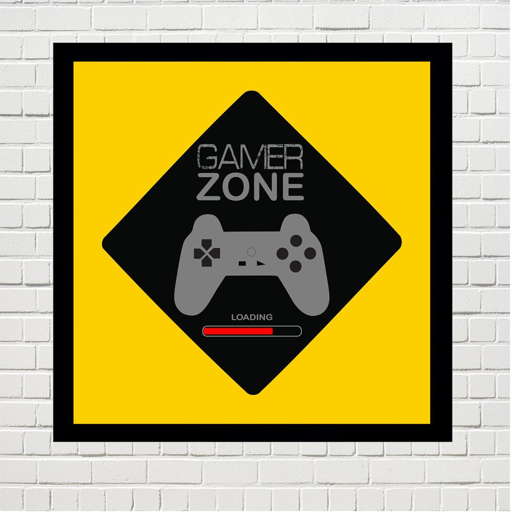 Quadro Gamer Zone, com medida de 25x25 com moldura preta 2cm com vidro de PVC