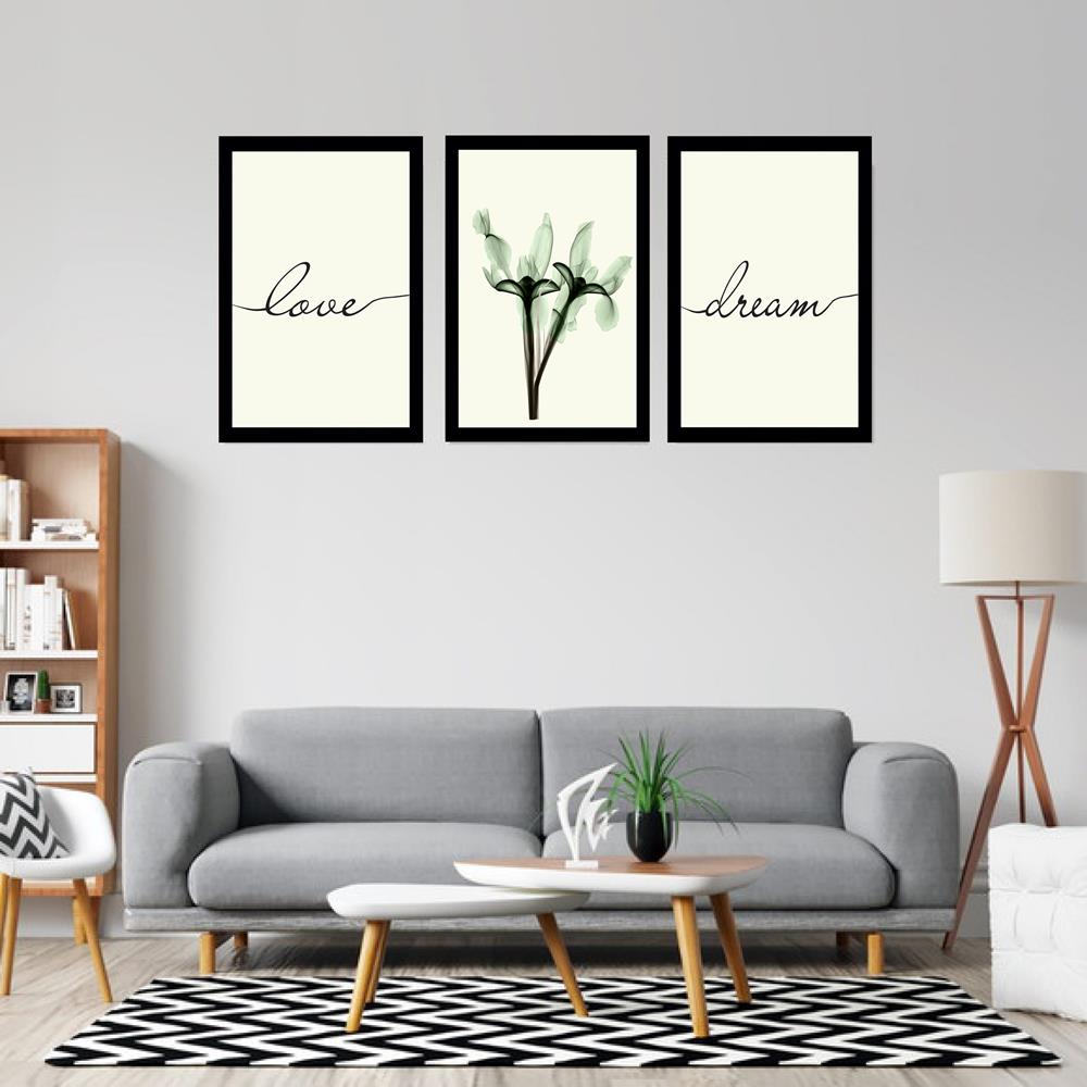Kit quadros com 3 Peças tema Love, Flower, Dream com Moldura Preta medida de 31x47 com vidro de PVC