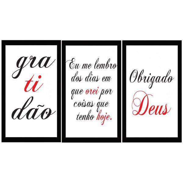 Kit 3 Peças - Trio De Quadros Gratidão, Eu Me Lembro, Obrigado Deus, Medidas De 31x47 Cada Um, Moldura Preta 2cm Vidro Acrílico