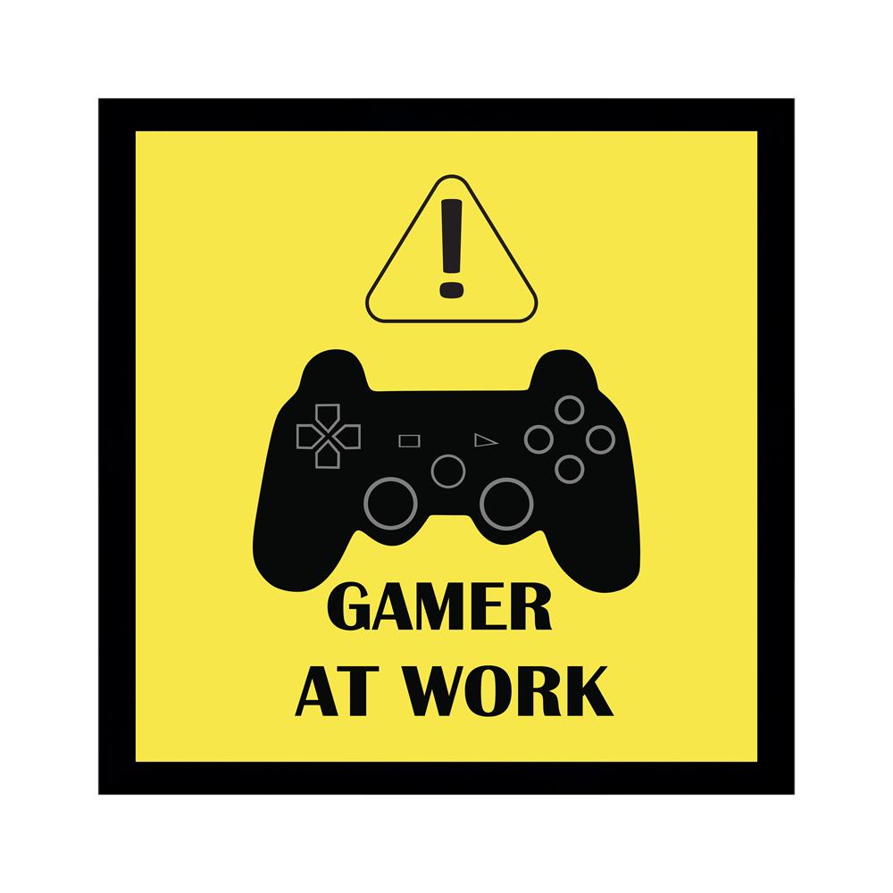 Quadro Gamer At Work, Medidas 25x25 Com Moldura Preta 2cm E Vidro PVC