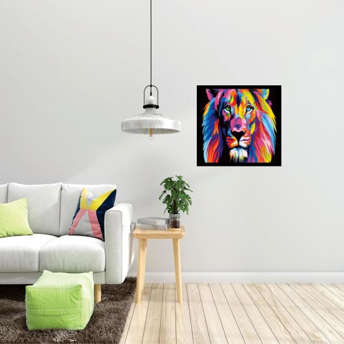 Quadro Leão Em Cores. Medidas De 33x33 Com Moldura Preta Com Vidro De PVC