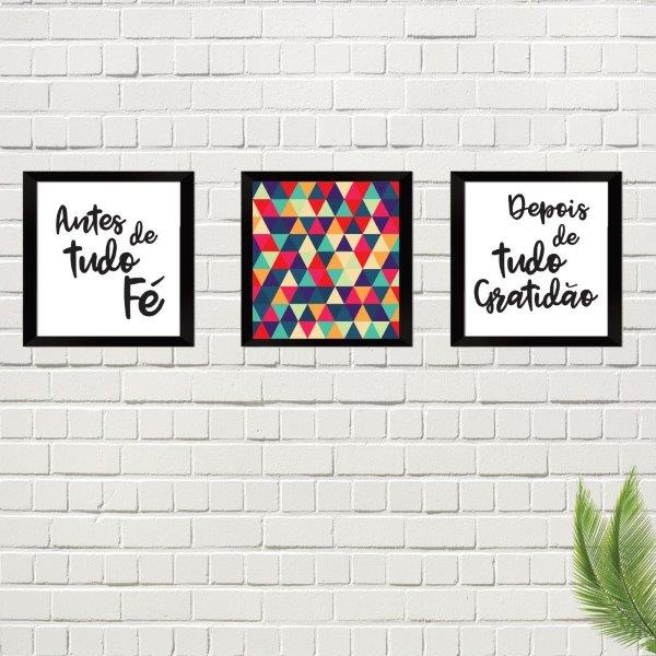 Kit 3 Peças Antes De Tudo Fé, Mosaico, Depois De Tudo Gratidão, Moldura Preta - Medidas De 33x33 Cm Cada. Com Vidro De PVC