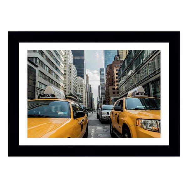 Quadro Taxi Na Times Square, Nova York, Com Medida De 47x61 E Moldura Preta E Paspatur Branco, Com Vidro De 4mm